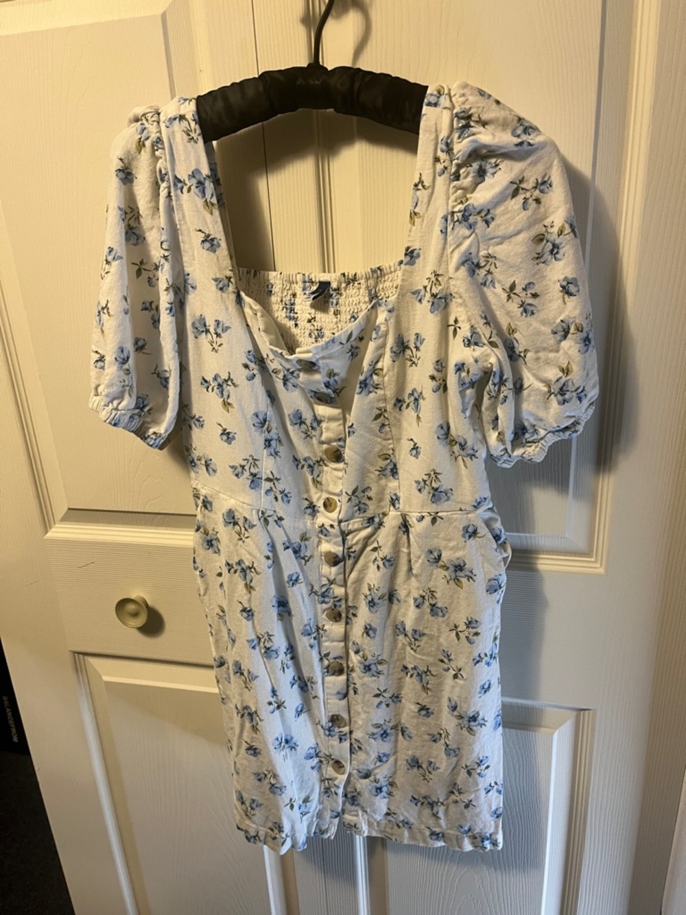 Old Navy White Midi Dress with Blue Floral Print and Puff Sleeves